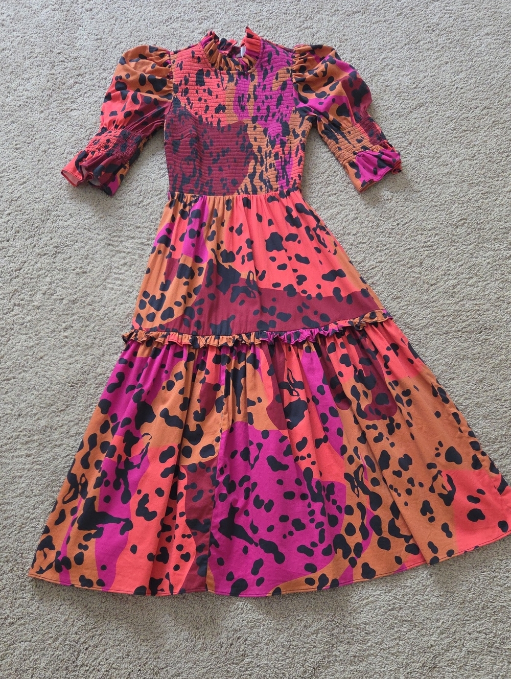 Smocked Puff-Sleeve Tiered Casual Dress in Pink & Orange Animal Print